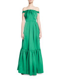 Off-the-Shoulder Satin & Crepe Gown, Emerald
