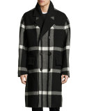 Double-Breasted Large Check Overcoat, Black