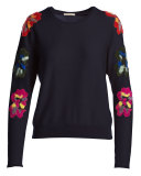 Floral-Embroidered Long-Sleeve Sweater, Navy