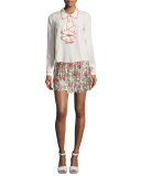 Jaliz Floral Silk Fringe Miniskirt, Multicolor