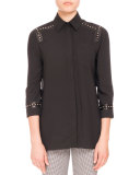 Studded-Trim 3/4-Sleeve Blouse, Black