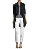 Striped Jacquard Short-Sleeve Sweater, Navy/White