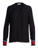 Marie Fringe-Cuff Long-Sleeve Blouse, Black