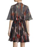 Floral Half-Sleeve Cocktail Dress, Black/Multi