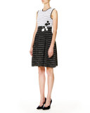 Leaf-Embroidered Sleeveless Fit-&-Flare Dress, White/Black