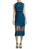 Scalloped Mixed-Lace Midi Dress, Teal