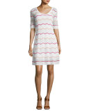 Short-Sleeve Zigzag Knit A-Line Dress, White Pattern