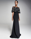 Floral Lace Capelet Gown, Black/Ivory