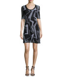 Half-Sleeve Ribbed Geometric-Knit Dress, Black
