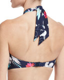 Flower Festival Bandeau Swim Top, Blue Pattern