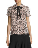 pleated silk chiffon posy grove blouse, neutral