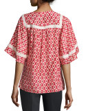 short-sleeve ikat-print crochet-trim top, red chestnut/multi