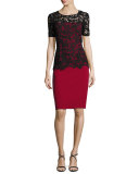 Short-Sleeve Lace-Overlay Crepe Sheath Dress, Garnet