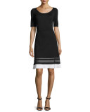 Striped-Trim Milano Knit Half-Sleeve Dress, Caviar/Bianco