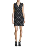 Phoebe V-Neck Windowpane Shift Dress, Black/White