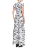 Short-Sleeve Crescent-Print Gown, White/Black