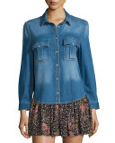 Faded Snap-Front Denim Shirt, Blue