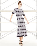 Medallion-Lace Flared Dress, Black/Multi Colors