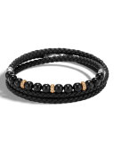 Men's Classic Chain Woven Leather & Bead Triple-Wrap Bracelet, Black