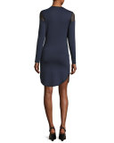 Teddi Mesh-Trim Tie-Waist Jersey Dress, Blue