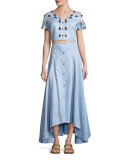 Button-Front Midi Skirt, Light Blue