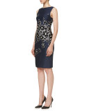 Floral Sleeveless Bateau-Neck Sheath Dress, Navy/Black/White