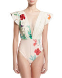 Lanca Floral Deep-V Bodysuit, White