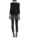 Sequined Boat-Neck 3/4-Sleeve Tunic, Caviar