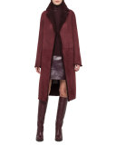 Long Reversible Shearling Fur Coat, Aubergine