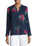 Devitri Floral-Print Silk Shirt, Blue