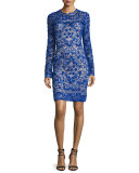 Long-Sleeve Floral-Appliqué Cocktail Dress, Royal Blue