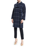 Funnel-Collar Windowpane Coat, Indigo Blue