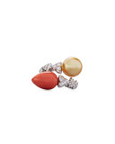 18K White Gold Coral & South Sea Pearl Ring with Diamonds