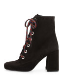 Suede Lace-Up Block-Heel Boot, Black