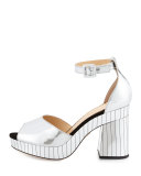 Elie Striped Ankle-Wrap Sandal, Silver