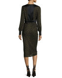 Drifter Long-Sleeve Silk Animal-Print Midi Dress, Green