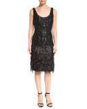 Sleeveless Faux Feather-Trim Patterned Cocktail Dress, Black