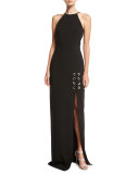 Sleeveless Laced Stretch Crepe Column Gown, Black