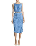 Sleeveless Crinkled Sheath Dress, Sky Blue