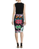 Paper Floral-Print Midi Skirt, Black