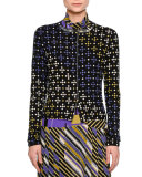 Button-Front Diamond Cardigan, Black/Ecru