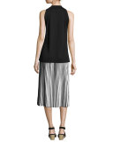 Striped Cotton Crepe Plisse Skirt, Black/White