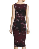 Sleeveless Floral-Print Ruched Dress w/ Cutout, Plum