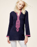 Shani Long-Sleeve Embroidered Tunic, Navy/Pink