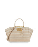 Brera 34 Python & Vitello Striped Satchel Bag, Limestone