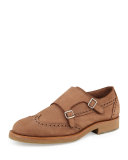 Leather Monk-Strap Wing-Tip Loafer, Beige