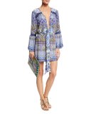 Tie-Front Long-Sleeve Printed Silk Jumpsuit, All A Dream