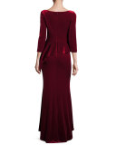 3/4-Sleeve Velvet Peplum Dress, Merlot