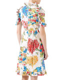 Corsage-Print Cotton Dress, Ivory
