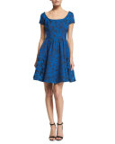 Jacquard Floral-Print Cocktail Dress, Royal Blue